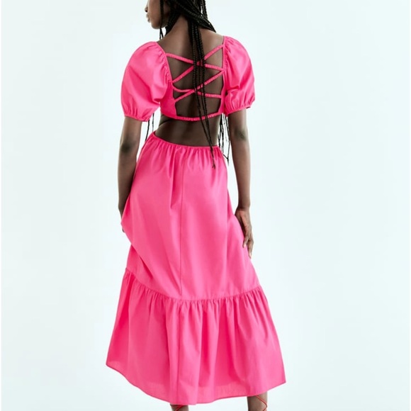Zara cut out Barbie pink dress with braided straps poplin maxidress 2023 - Picture 13 of 13